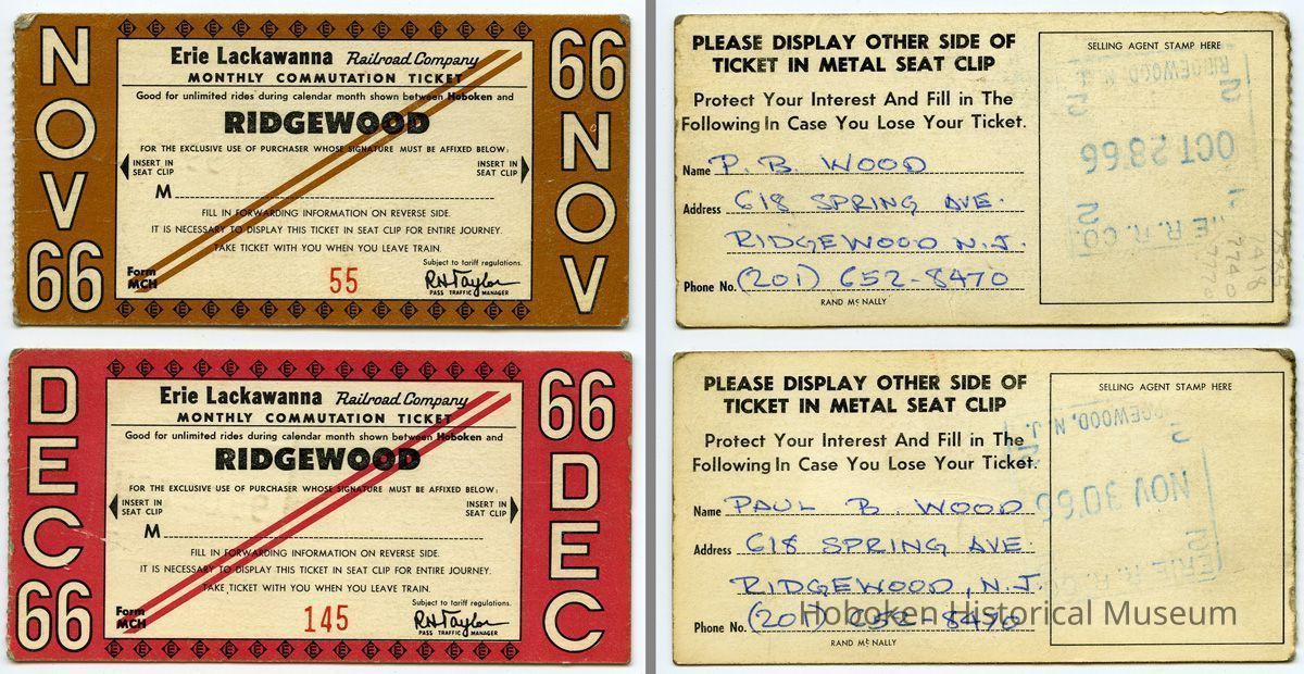 front and back:  two 1966 Erie Lackawanna monthly commutation tickets