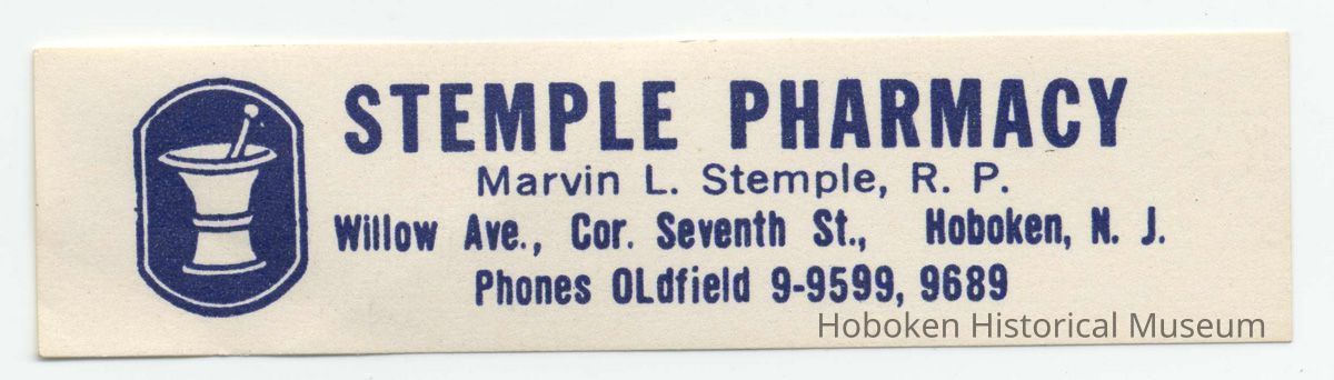 Printed band label for medicine from Stemple Pharmacy, 266 Seventh St., Hoboken, no date, ca. 1950. picture number 1