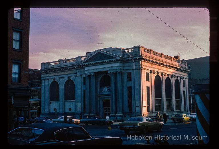 Color slide of eye-level view of front and side facades at 47 Newark on the SE corner of Hudson and Newark picture number 1