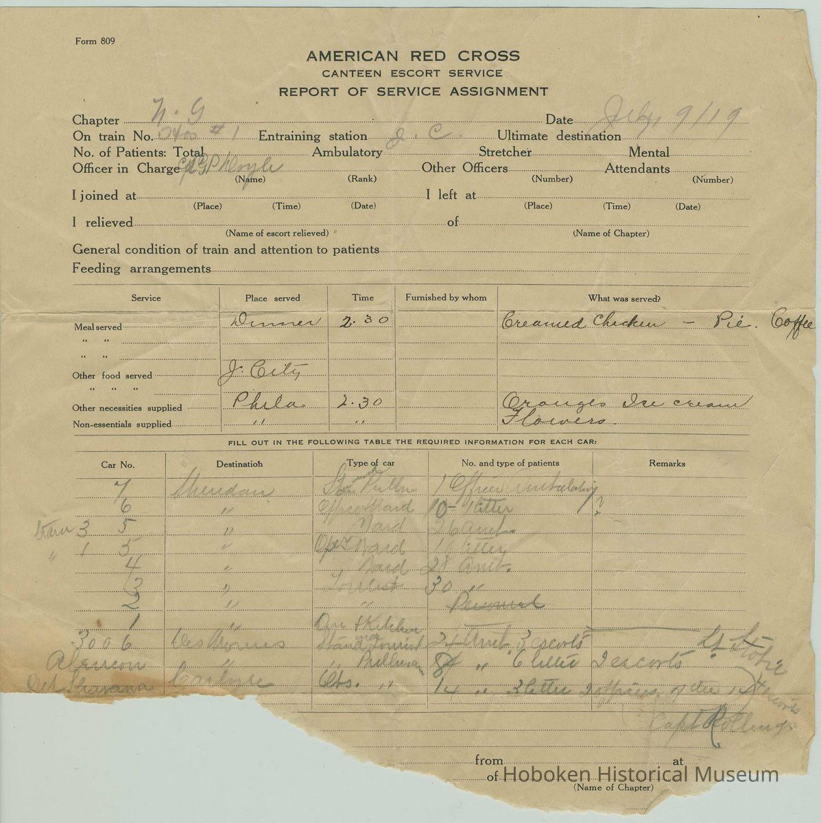 Form: American Red Cross, Canteen Escort Service, Report of Service Assignment, July 9, 1919. picture number 1