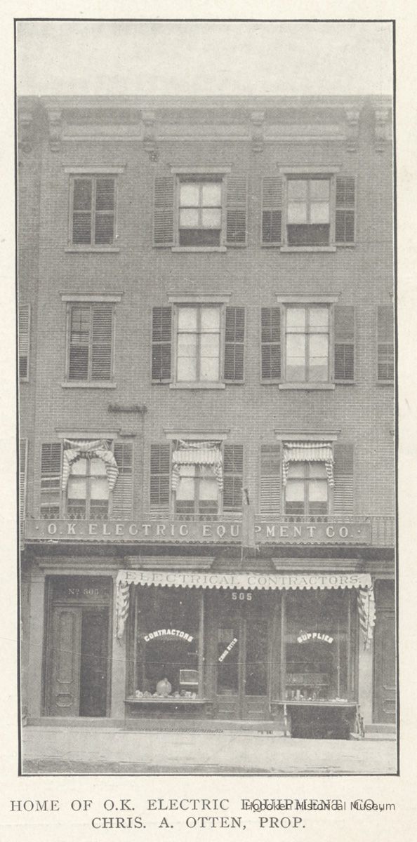 Printed B+W photograph of O.K. Electric Equipment Company, 505 Washington Street, Hoboken, no date, ca. 1906-1908. picture number 1