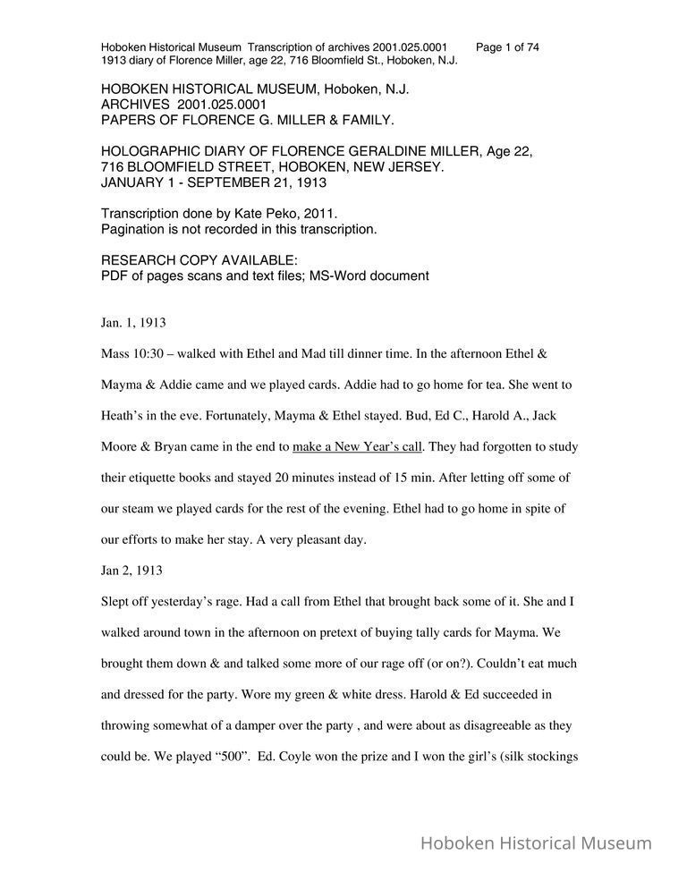 Transcript: Florence Miller 1913 Diary, second half: Apr. 20 to Sept. 21. picture number 1