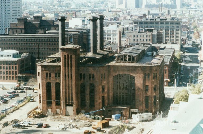 Digital image of color aerial photo of the exterior of the former Hudson & Manhattan Rail Road powerhouse, Jersey City, Nov., 2001. picture number 1