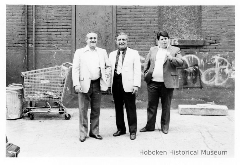 B+W photo of mayoral candidate Tom Vezzetti and two unidentified men at unidentified location, Hoboken, no date, ca. June 1985. picture number 1