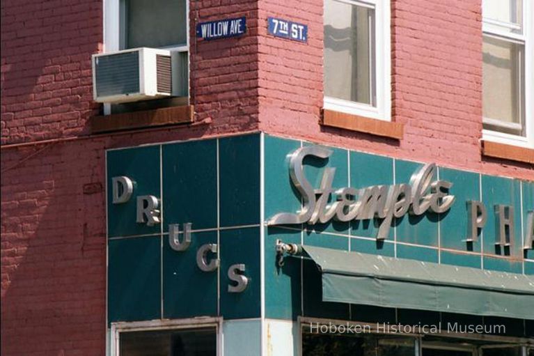 Color photo of building facade with sign for Stemple Pharmacy, 266 Seventh St. at Willow Avenue, Hoboken, Sept., 1-5, 2001. picture number 1