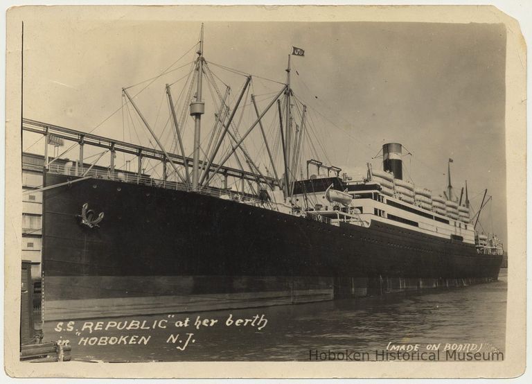 B+W photo of S.S. Republic, U.S. Lines, berthed at Hoboken, n.d.; between 1924-1931. picture number 1