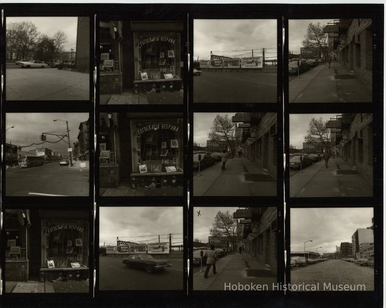 B+W negative contact sheet of images of Hoboken taken by John Conn. no date, [1976]. picture number 1