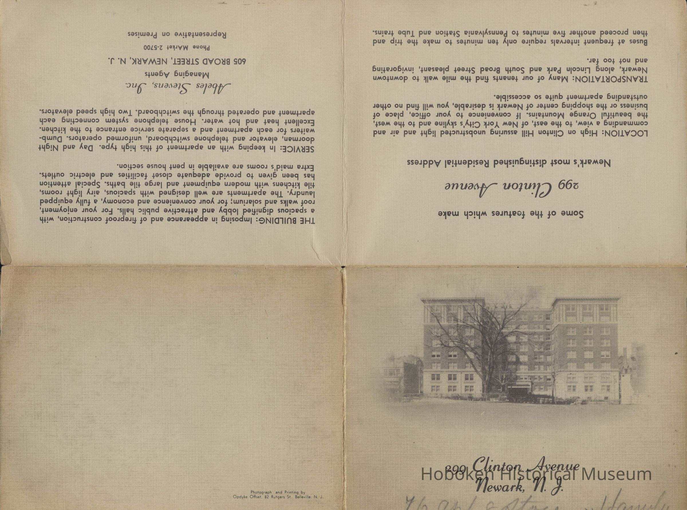 Leaflet for apartment building at 299 Clinton Avenue, Newark. picture number 1
