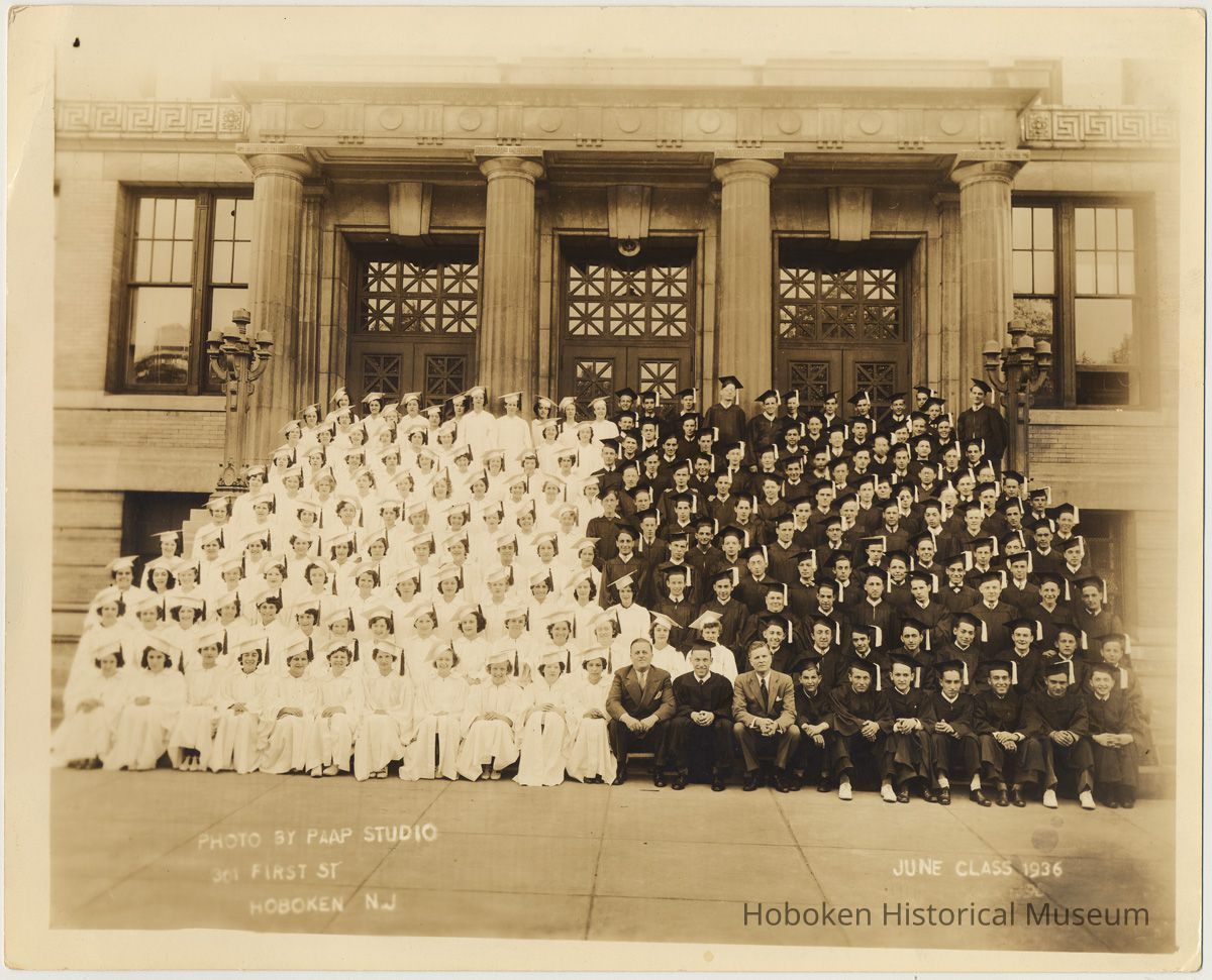 Sepia-tone group photo of the Demarest High School , June Class of 1936, Hoboken, 1936. picture number 1