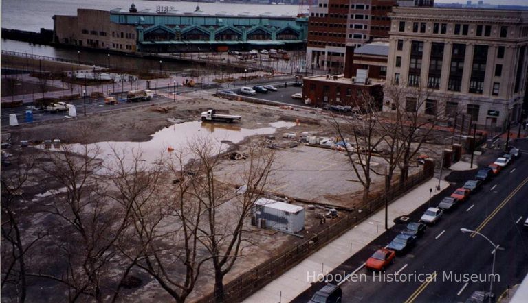 Color photo of an elevated view of construction progress of Pier A Park, Hoboken, 1999. picture number 1