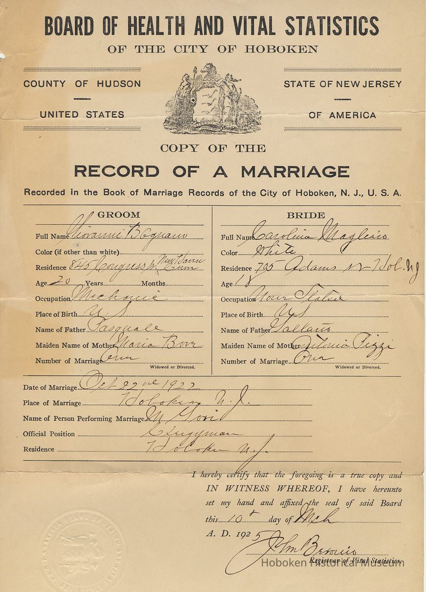 Marriage record: Giovanni B. Ognano & Carolina Magliaco, Hoboken, Oct. 22, 1922. Certified copy issued March 10, 1925. picture number 1