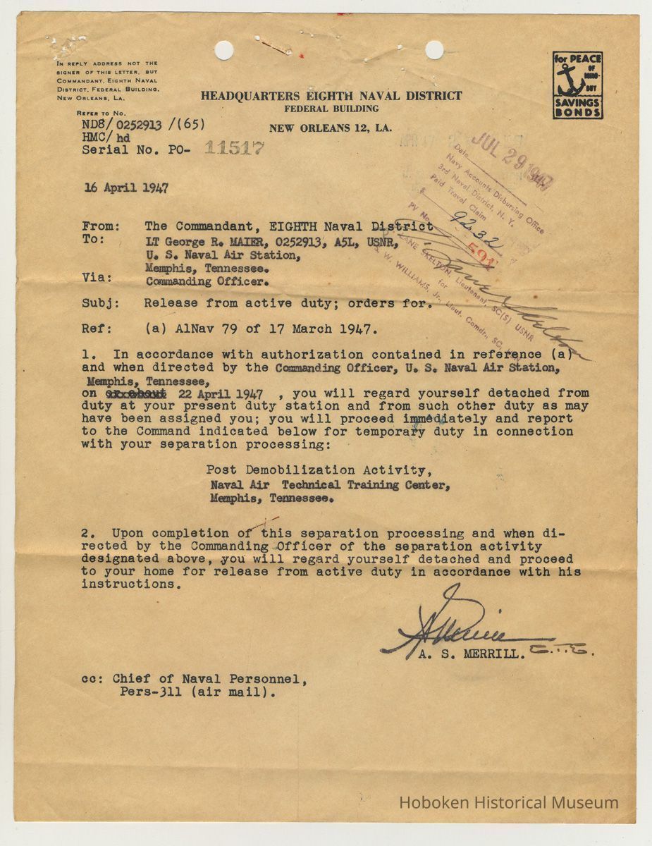 document 1: April 16 1947; Cover letter re release from active duty