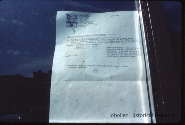 Color slide of Hoboken Historic District Commission Certificate of Appropriateness no. 224 issued for 306 Washington St., Hoboken, October, 1984. picture number 1