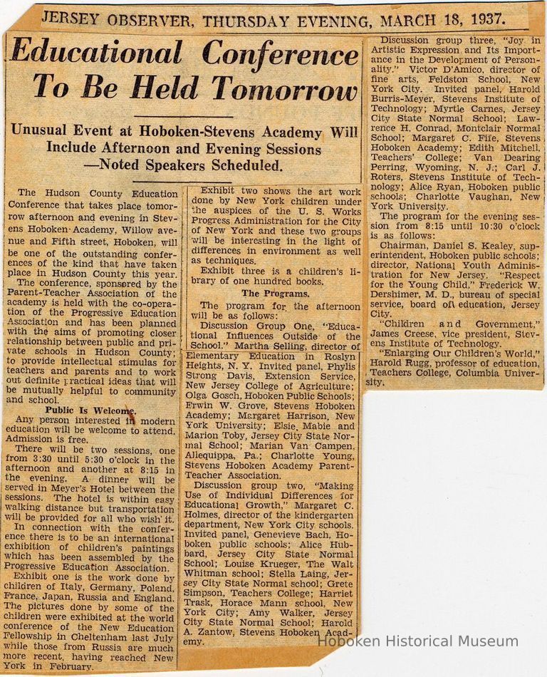 Digital image of newsclipping: Educational Conference to be Held Tomorrow. Jersey Observer, March 18, 1937. picture number 1