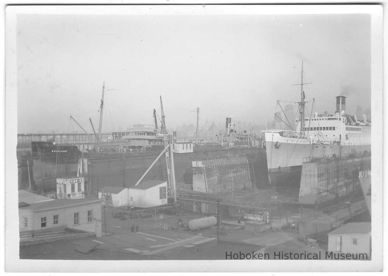 B+W photo of the S.S. Columbia in dry dock no.2 and the S.S. Gulfland, Hoboken, no date, ca. 1940. picture number 1