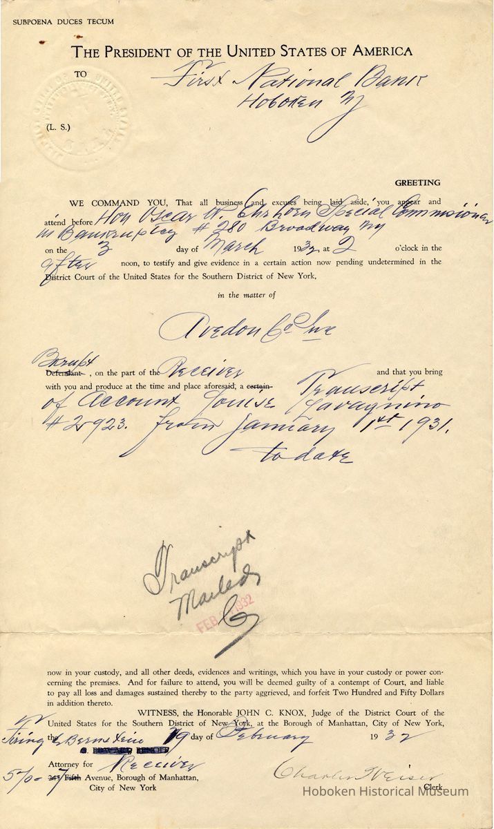 Subpoena, Feb. 1932