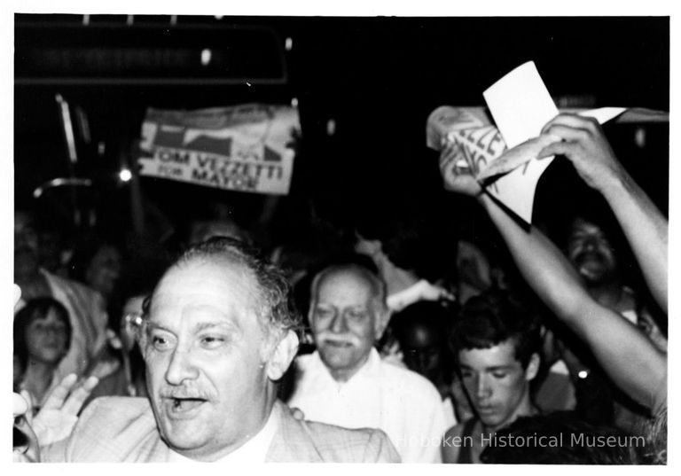 B+W photo of Tom Vezzetti with supporters on election night, Hoboken, [June 11, 1985]. picture number 1