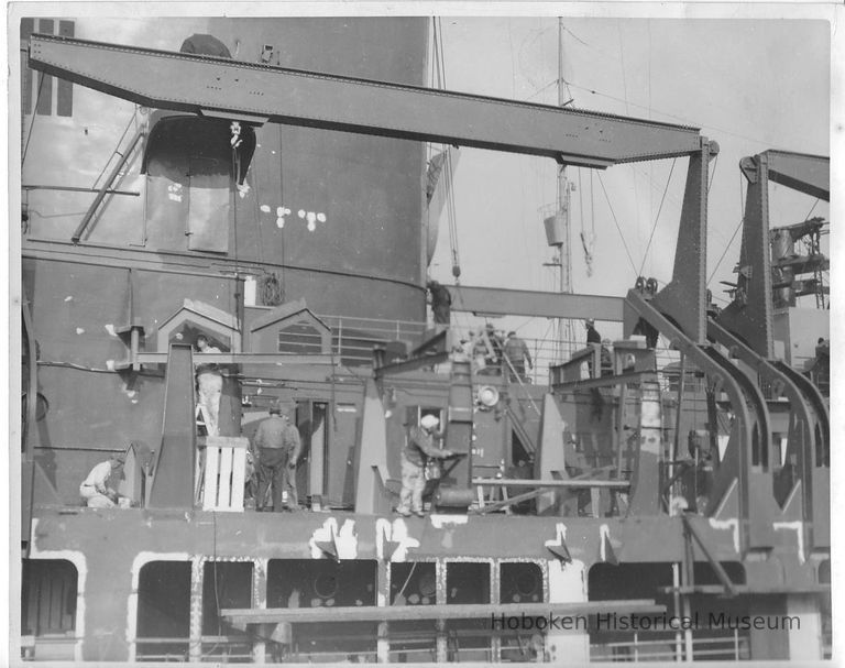 B+W photo of painters working on the boat deck of an unidentified passenger ship, Hoboken, no date, ca. 1940. picture number 1