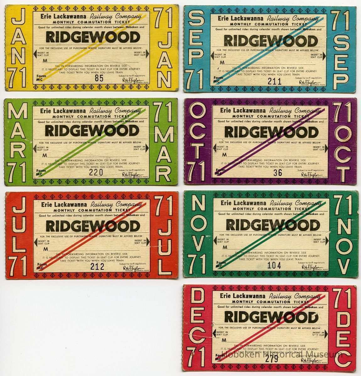 seven 1971 Erie Lackawanna Railway monthly commutation tickets