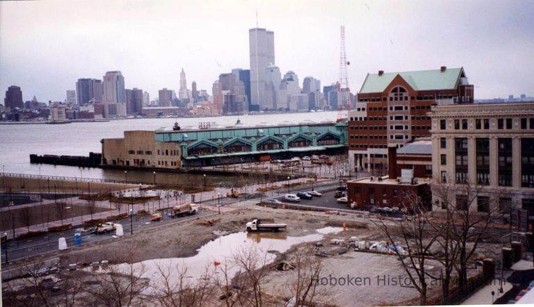 Color photo of an elevated view of construction progress of Pier A Park, Hoboken, 1999. picture number 1