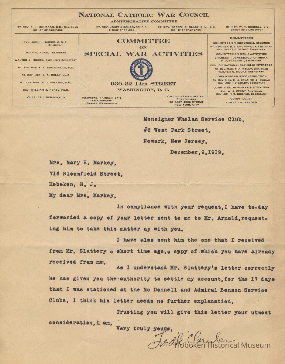 TLS from Frederick C. Gruler, Monsignor Whelan Service Club, Newark, N.J. to Mrs. Markey (Admiral Benson Club, Hoboken), Dec. 9, 1919, re salary to be paid him. picture number 1