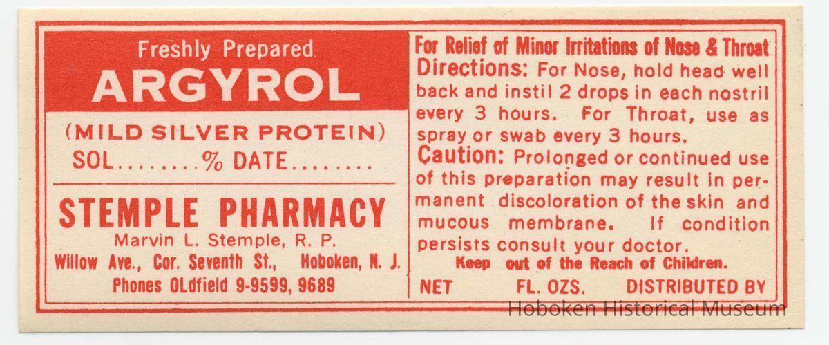 Printed label for medicine container, Argyrol, from Stemple Pharmacy, 266 Seventh St., Hoboken, no date, ca. 1950. picture number 1