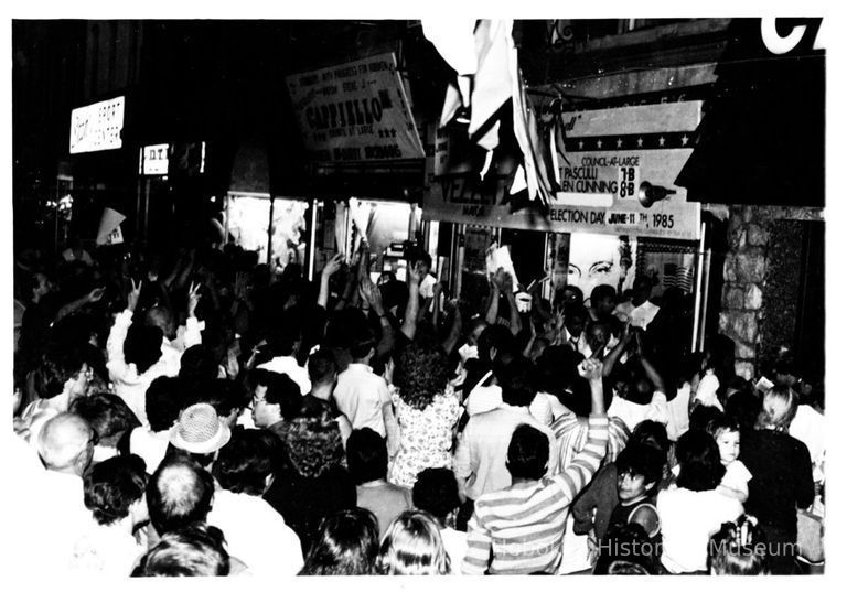 B+W photo of Tom Vezzetti supporters outside his campaign headquarters, 536 Washington St., on election night, Hoboken, [June 11, 1985]. picture number 1