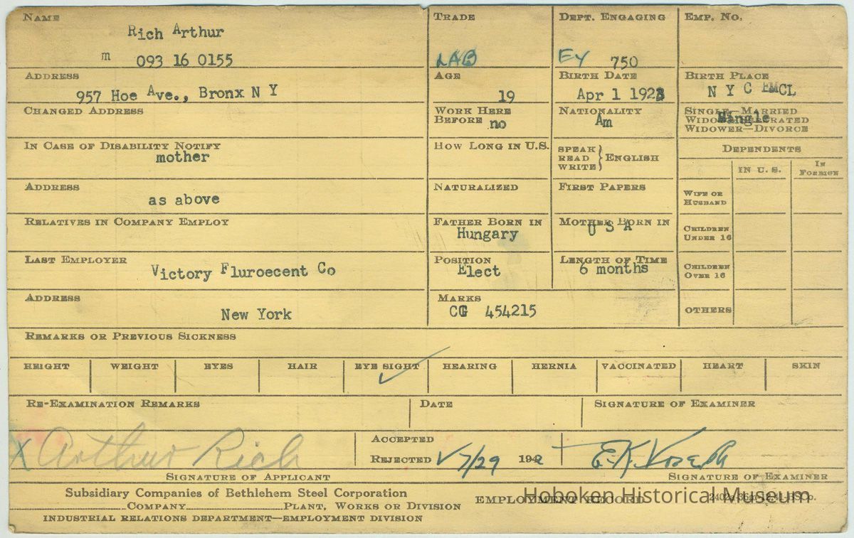front of a typical card