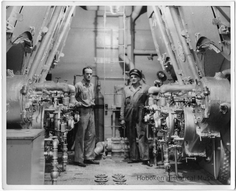 B+W photo of 2 men in engine room of unknown vessel, Hoboken, no date, ca. 1940. picture number 1