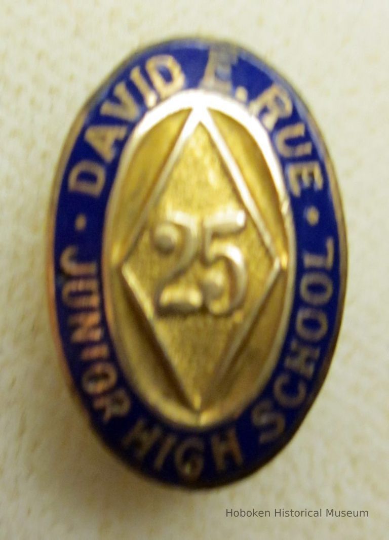 Color photos, 2, of 1925 David E. Rue Junior High School lapel class pin formerly belonging to Joseph Udiljak, Hoboken. picture number 1