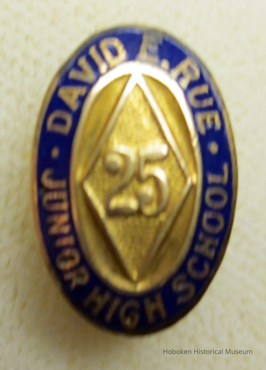 Color photos, 2, of 1925 David E. Rue Junior High School lapel class pin formerly belonging to Joseph Udiljak, Hoboken. picture number 1