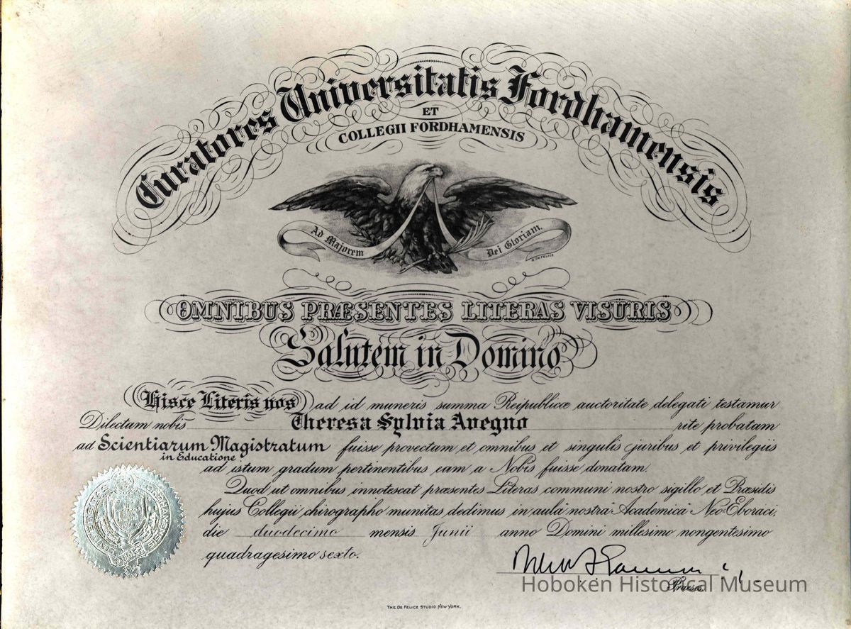 Diploma of Theresa Sylvia Avegno for Master of Science in Education from Fordham University, N.Y., June 20, 1964. picture number 1