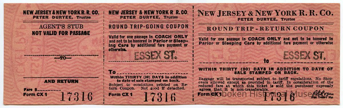1: three piece ticket, Essex St., form CX 1