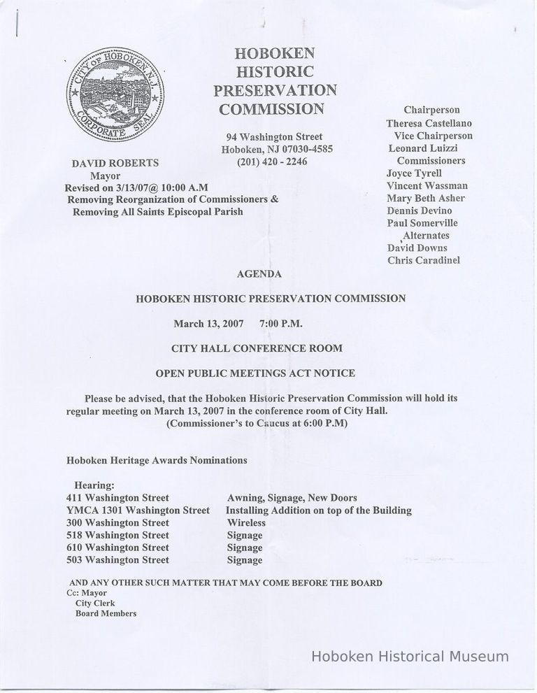 Agenda, Hoboken Historic Preservation Commission, March 13, 2007. picture number 1