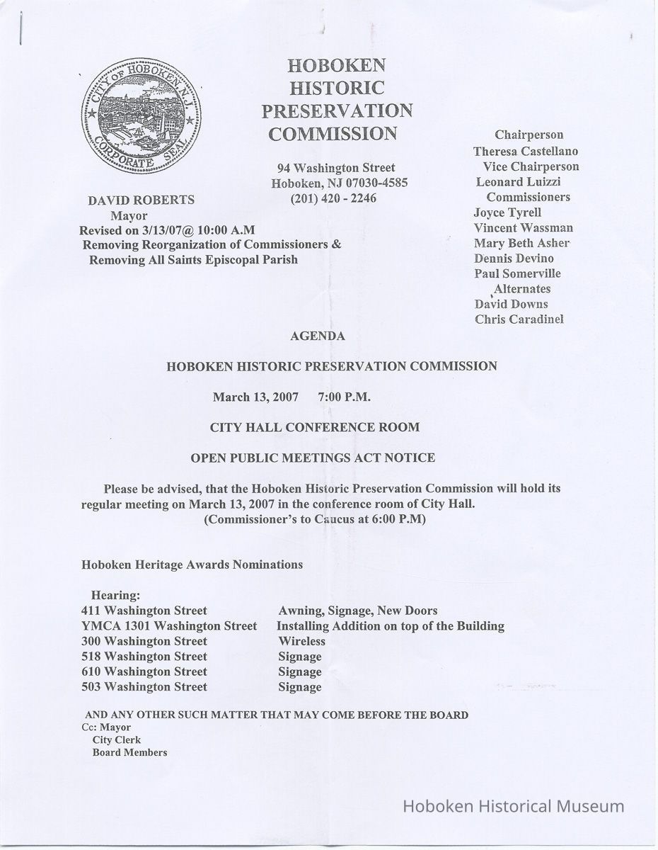 Agenda, Hoboken Historic Preservation Commission, March 13, 2007. picture number 1