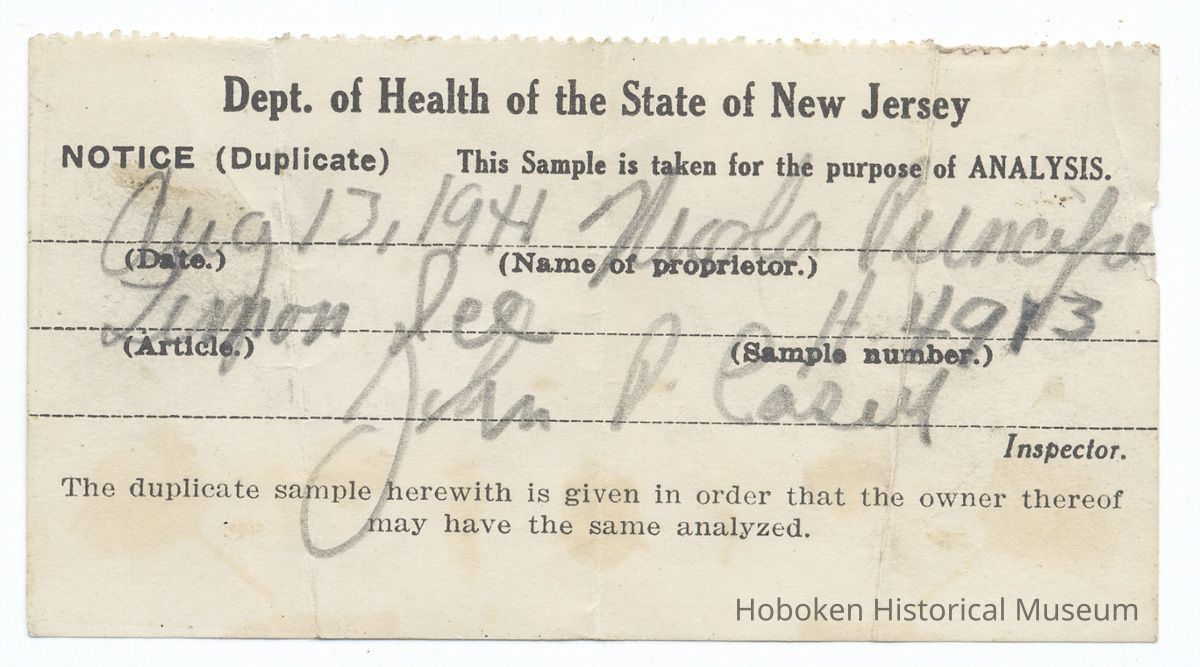 Receipt for lemon ice sample taken from Nicola Principe for analysis by the Dept. of Health, State of N.J., August 13, 1941. picture number 1
