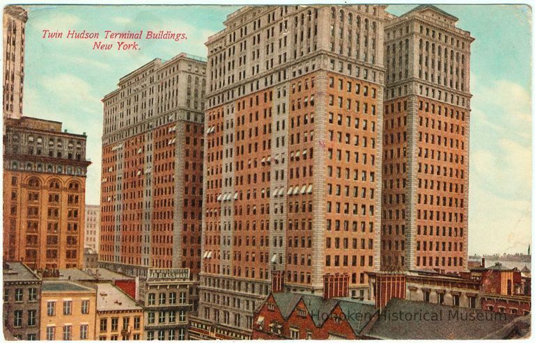 Digital image of Hudson & Manhattan R.R. postcard titled: Twin Hudson Terminal Buildings, New York. No date, ca. 1908. picture number 1