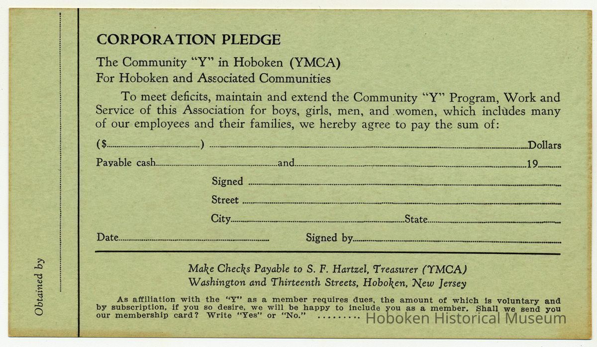 Form, membership: Hoboken YMCA, 13 & Washington Sts., Hoboken, n.d., ca. 1935-1945. picture number 1