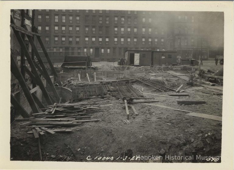 B+W photo of foundation preparation and concrete forms on the north end of the site for the Fabian Theatre, Hoboken, Jan 3, 1928. picture number 1