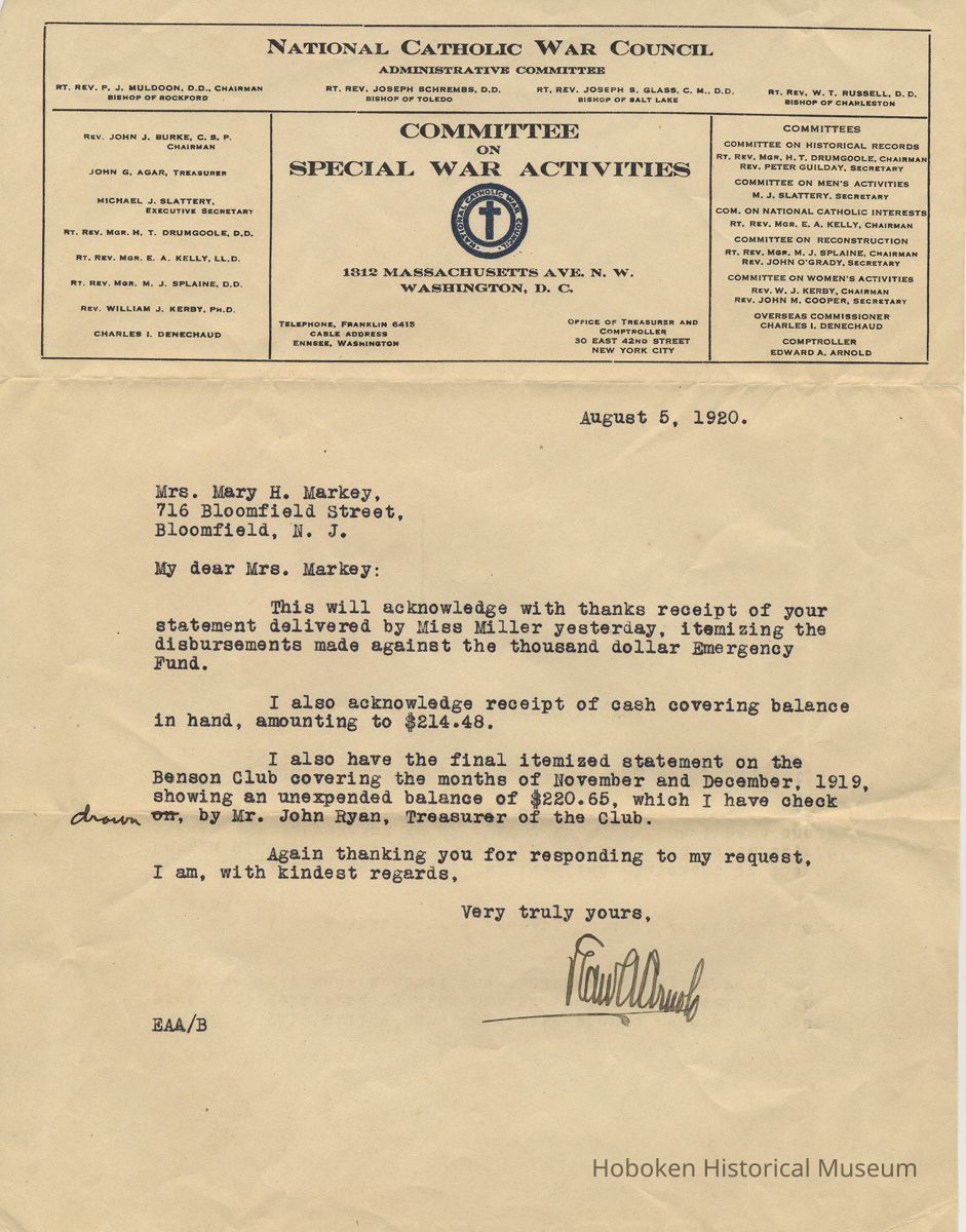 TLS from Edward Arnold, Comptroller, National Catholic War Council to Mrs. Mary H. Markey, August 5, 1920 re receipt of the unexpended Emergency Fund. picture number 1