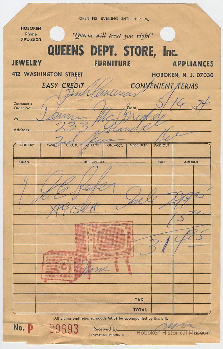 Receipt for Dennis McBride, 233 Grand St. (Hoboken) from Queens Dept. Store, Inc., 412 Washington St., Hoboken, May 16, 1974. picture number 1