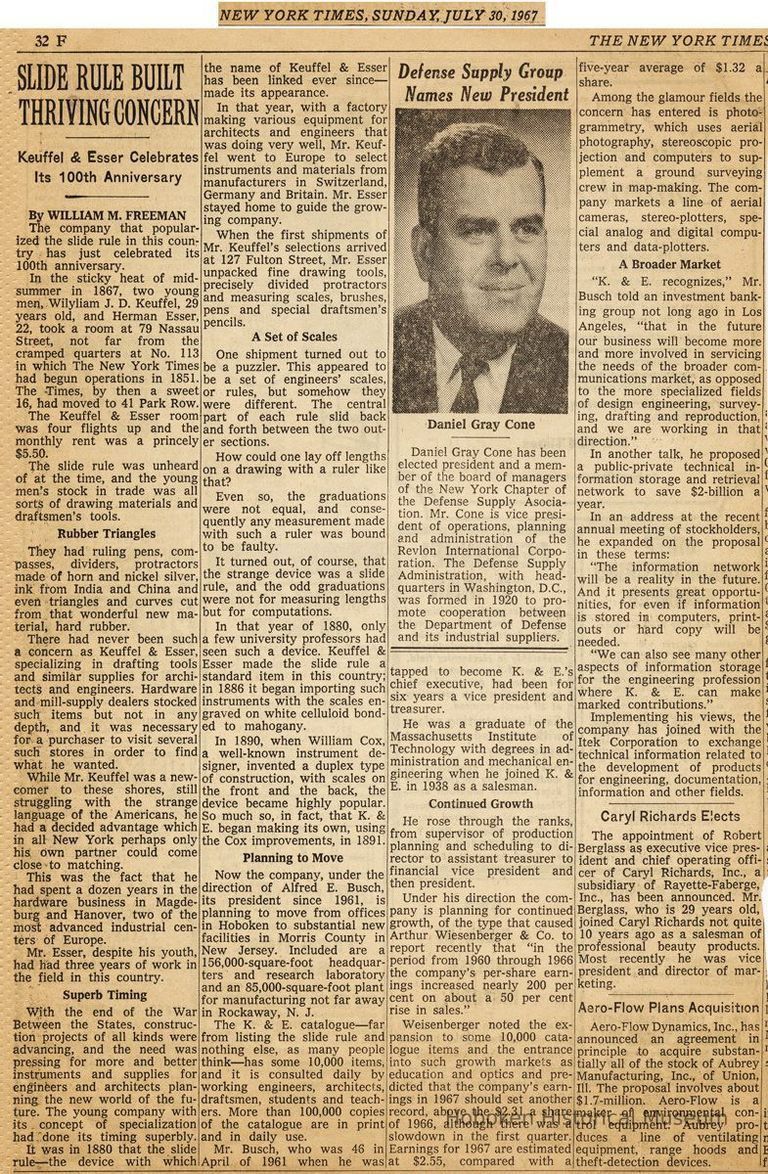 Article: Slide Rule Built Thriving Concern. Keuffel & Esser Celebrates Its 100th Anniversary. NYT, July 30, 1967. picture number 1