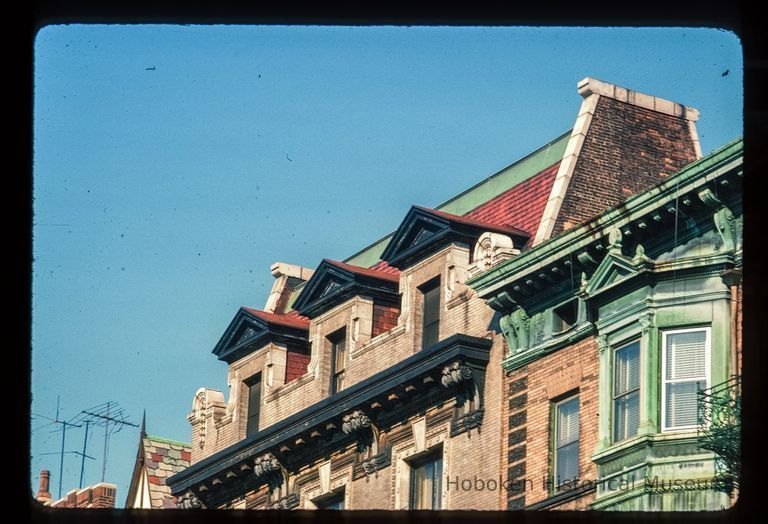 Color slide of close-up view of mansard roof, gable dormers, pediments and cornice of the Elks Lodge at 1005 Washington between 10th and 11th picture number 1