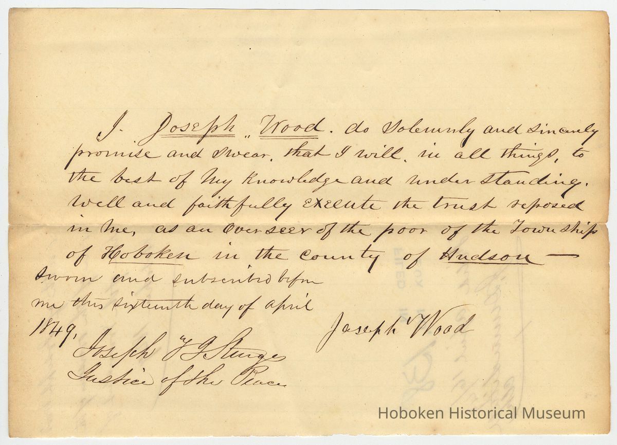 Document: Oath of Joseph Wood as an Overseer of the Poor, Township of Hoboken, NJ, April 16, 1849. picture number 1
