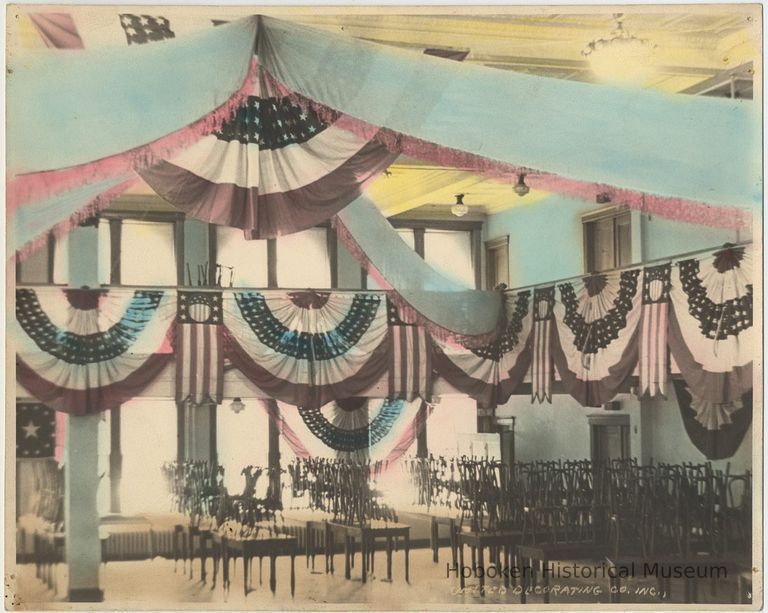 B+W photo, hand-colored, of United Decorating Co. decor for reception, Hoboken, n.d., ca. 1940s. picture number 1