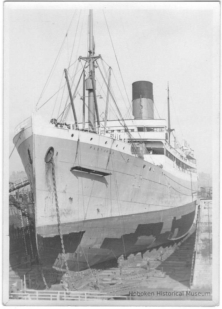 B+W photo of hull painting of the S.S. Pastores in dry dock, Hoboken, no date, ca. 1940. picture number 1