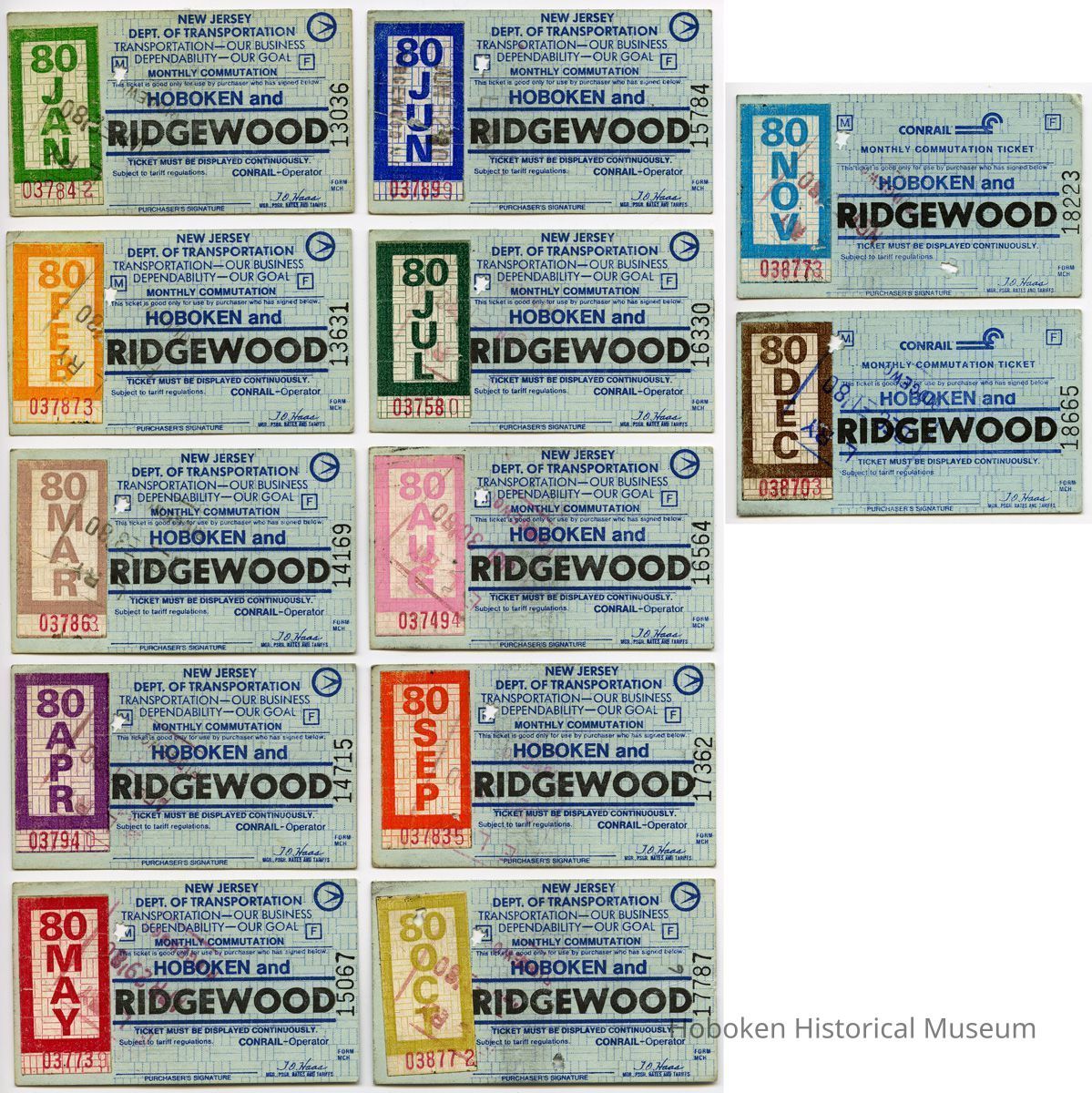 1980, 12 monthly commutation tickets: Jan.-Oct. NJ DOT; Nov.-Dec. Conrail