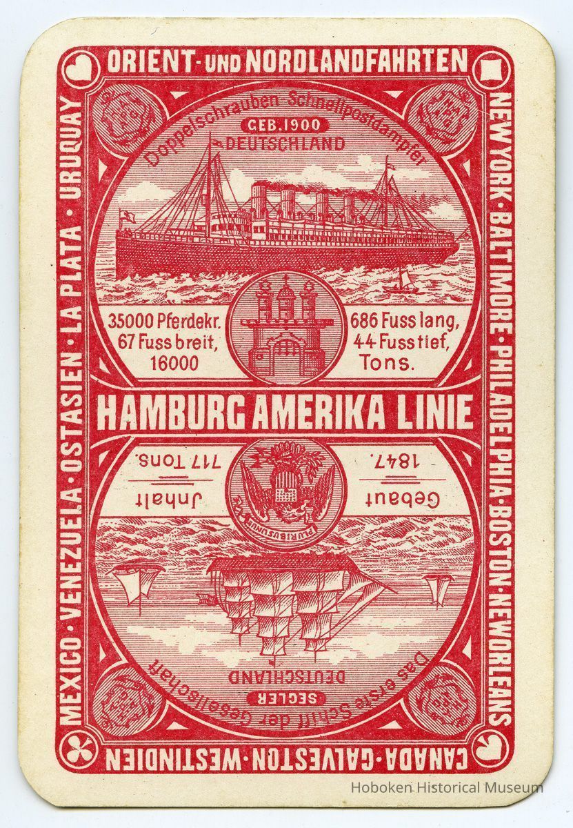 playing card: Hamburg Amerika Linie; top, steamship: S.S. Deutschland (3) 1