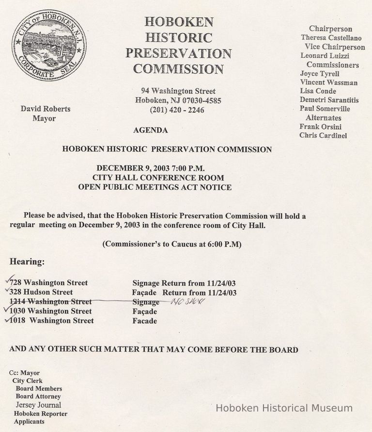 Agenda, Hoboken Historic Preservation Commission, Hoboken, December 9, 2003. picture number 1