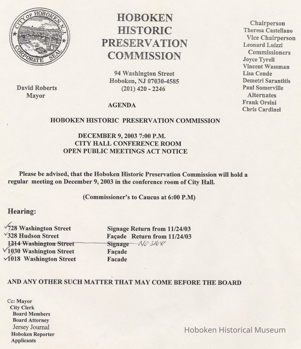Agenda, Hoboken Historic Preservation Commission, Hoboken, December 9, 2003. picture number 1